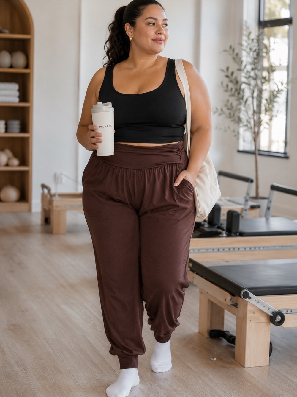 Gracyoga XXL Brown Wide Waistband Harem Jogger Pants Pockets Soft Stretch NWT